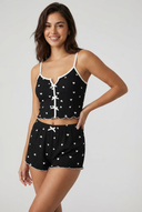 Ribbed cami pajama set - Black with hearts