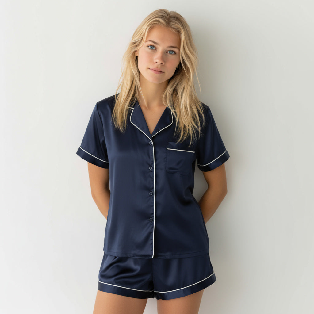 Satin Short Sleeve Pajama Set – Navy Blue