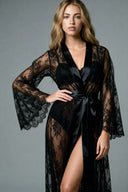 Long Satin Lace Robe - Black