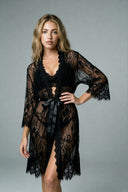 Short Satin Lace Robe - Black
