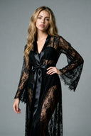 Long Satin Lace Robe - Black