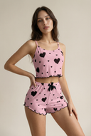 Ribbed cami pajama set - Pink with Black Hearts