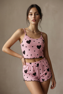 Ribbed cami pajama set - Pink with Black Hearts