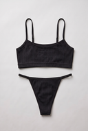 100% Cotton - Pointelle Noir Lingerie Set - Slim Strap Thong - Black
