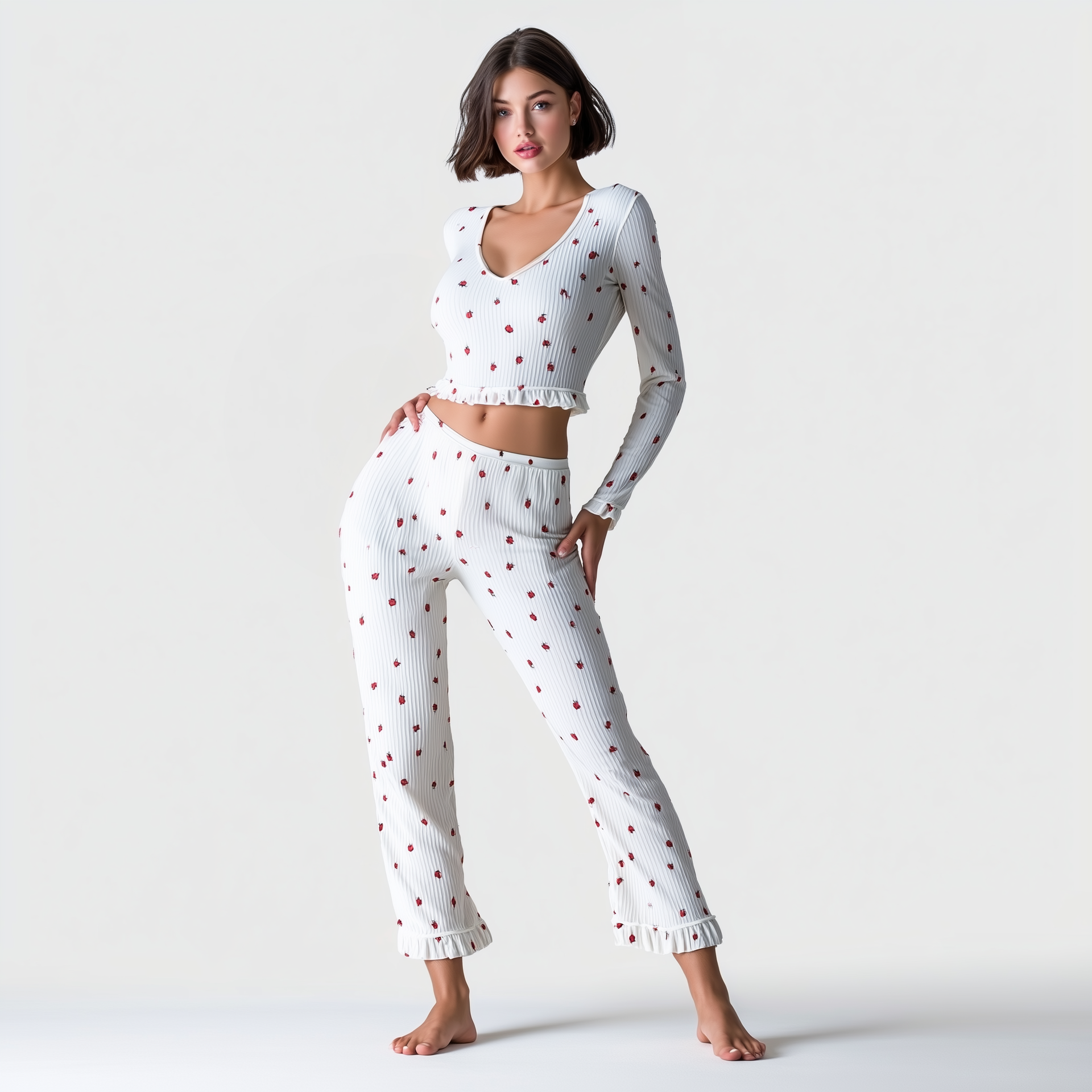 Ensemble de pyjama à manches longues côtelées avec imprimé floral 